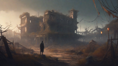 A barren, post-apocalyptic landscape with skeletal ruins, overgrown gardens, and a lone figure standing amidst the desolation, surrounded by flickering lanterns and a distant hint of a broken clock tower.