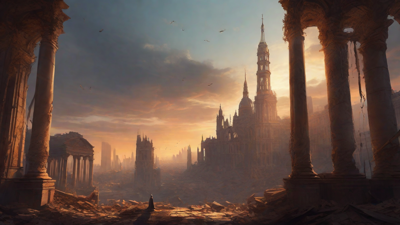 A hauntingly beautiful, ruined cityscape, with crumbling spires and grand architecture, set against a backdrop of a perpetual, golden sunset, with a lone figure dancing amidst the ruins.