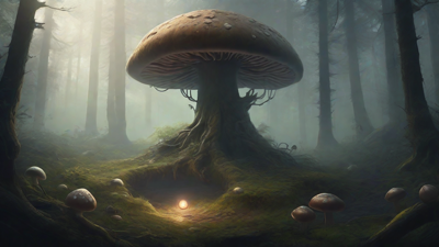 A bleak, mystical forest, where ancient trees loom over a clearing, surrounded by a ring of mushrooms, and a faint glow emanates from a lone, glowing artifact, pulsing with an otherworldly energy.