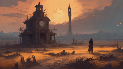 Barren wasteland, skeletal ruins, overgrown gardens, lone figure, flickering lanterns, and a broken clock tower in the distance, set against a perpetual golden sunset.