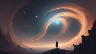 In the depths of a swirling void, a lone figure stands at the precipice, illuminated only by the faint glow of a dying star, as they embark on a perilous journey through the abyss towards an unknown destination.