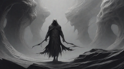 Guided by the void's dark whispers, a lone traveler ventures into the abyss, navigating through a realm of eternal darkness, guided by an unknown force that seeks rebirth and liberation from the void's grasp.