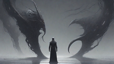 As the void's abyssal silence envelops them, a figure stands at the edge, their footsteps echoing through the void, guided by an unseen power that pushes them towards an otherworldly realm, where eternal rebirth awaits.
