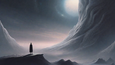 In a swirling void, a lone figure stands on the abyssal precipice, illuminated by the dying star, as they embark on a perilous journey through eternal darkness towards an unknown and mysterious destination.
