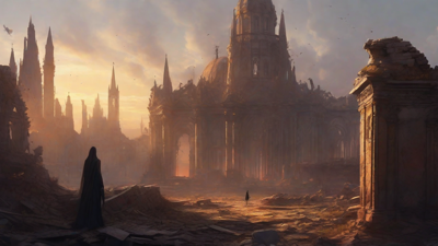A hauntingly beautiful, ruined cityscape, with crumbling spires and grand architecture, set against a backdrop of a perpetual, golden sunset, with a lone figure dancing amidst the ruins.