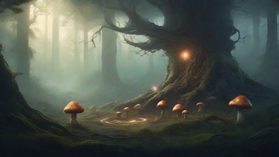 A bleak, mystical forest, where ancient trees loom over a clearing, surrounded by a ring of mushrooms, and a faint glow emanates from a lone, glowing artifact, pulsing with an otherworldly energy.