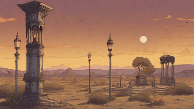 Barren wasteland, skeletal ruins, overgrown gardens, lone figure, flickering lanterns, and a broken clock tower in the distance, set against a perpetual golden sunset.