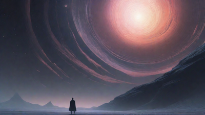 In the depths of a swirling void, a lone figure stands at the precipice, illuminated only by the faint glow of a dying star, as they embark on a perilous journey through the abyss towards an unknown destination.