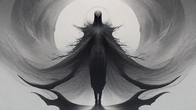 As the void's abyssal silence envelops them, a figure stands at the edge, their footsteps echoing through the void, guided by an unseen power that pushes them towards an otherworldly realm, where eternal rebirth awaits.