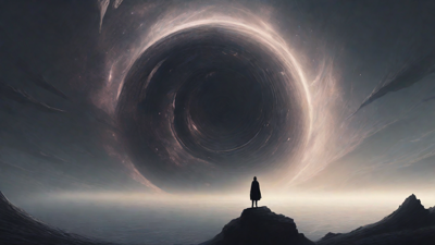 In a swirling void, a lone figure stands on the abyssal precipice, illuminated by the dying star, as they embark on a perilous journey through eternal darkness towards an unknown and mysterious destination.