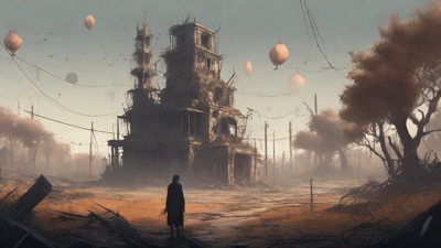 A barren, post-apocalyptic landscape with skeletal ruins, overgrown gardens, and a lone figure standing amidst the desolation, surrounded by flickering lanterns and a distant hint of a broken clock tower.