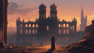 A hauntingly beautiful, ruined cityscape, with crumbling spires and grand architecture, set against a backdrop of a perpetual, golden sunset, with a lone figure dancing amidst the ruins.