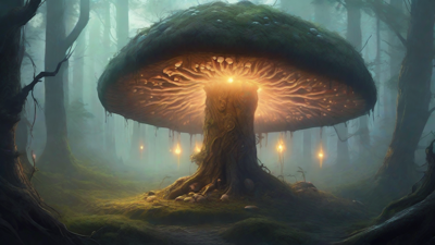A bleak, mystical forest, where ancient trees loom over a clearing, surrounded by a ring of mushrooms, and a faint glow emanates from a lone, glowing artifact, pulsing with an otherworldly energy.