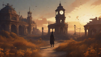 Barren wasteland, skeletal ruins, overgrown gardens, lone figure, flickering lanterns, and a broken clock tower in the distance, set against a perpetual golden sunset.