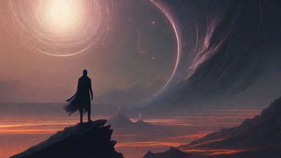 In the depths of a swirling void, a lone figure stands at the precipice, illuminated only by the faint glow of a dying star, as they embark on a perilous journey through the abyss towards an unknown destination.