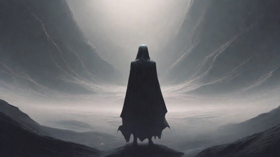 As the void's abyssal silence envelops them, a figure stands at the edge, their footsteps echoing through the void, guided by an unseen power that pushes them towards an otherworldly realm, where eternal rebirth awaits.