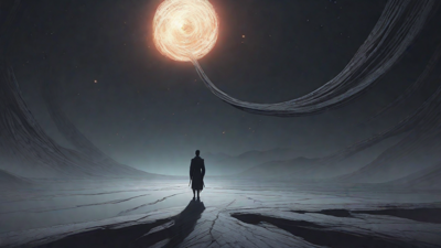 In a swirling void, a lone figure stands on the abyssal precipice, illuminated by the dying star, as they embark on a perilous journey through eternal darkness towards an unknown and mysterious destination.