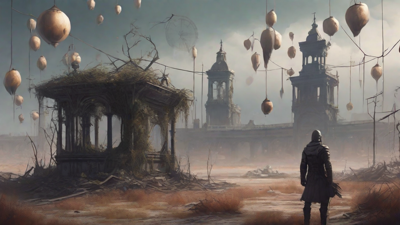 A barren, post-apocalyptic landscape with skeletal ruins, overgrown gardens, and a lone figure standing amidst the desolation, surrounded by flickering lanterns and a distant hint of a broken clock tower.