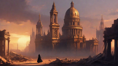 A hauntingly beautiful, ruined cityscape, with crumbling spires and grand architecture, set against a backdrop of a perpetual, golden sunset, with a lone figure dancing amidst the ruins.