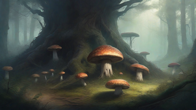 A bleak, mystical forest, where ancient trees loom over a clearing, surrounded by a ring of mushrooms, and a faint glow emanates from a lone, glowing artifact, pulsing with an otherworldly energy.