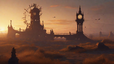 Barren wasteland, skeletal ruins, overgrown gardens, lone figure, flickering lanterns, and a broken clock tower in the distance, set against a perpetual golden sunset.