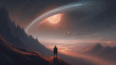 In the depths of a swirling void, a lone figure stands at the precipice, illuminated only by the faint glow of a dying star, as they embark on a perilous journey through the abyss towards an unknown destination.