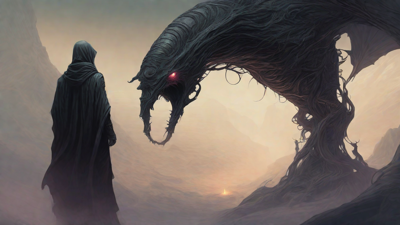 Guided by the void's dark whispers, a lone traveler ventures into the abyss, navigating through a realm of eternal darkness, guided by an unknown force that seeks rebirth and liberation from the void's grasp.