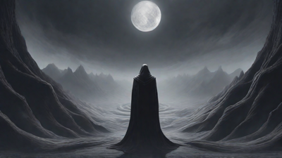 As the void's abyssal silence envelops them, a figure stands at the edge, their footsteps echoing through the void, guided by an unseen power that pushes them towards an otherworldly realm, where eternal rebirth awaits.