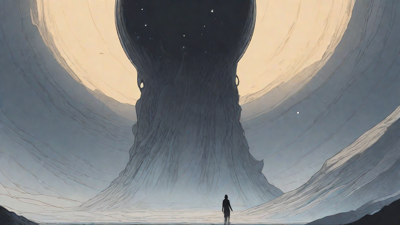 In a swirling void, a lone figure stands on the abyssal precipice, illuminated by the dying star, as they embark on a perilous journey through eternal darkness towards an unknown and mysterious destination.