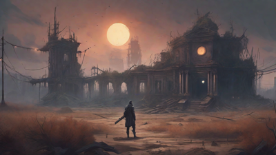 A barren, post-apocalyptic landscape with skeletal ruins, overgrown gardens, and a lone figure standing amidst the desolation, surrounded by flickering lanterns and a distant hint of a broken clock tower.