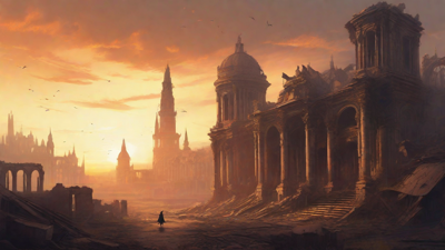 A hauntingly beautiful, ruined cityscape, with crumbling spires and grand architecture, set against a backdrop of a perpetual, golden sunset, with a lone figure dancing amidst the ruins.