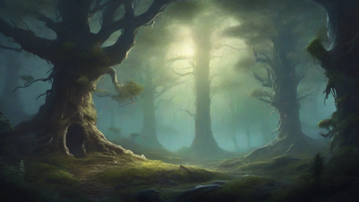 A bleak, mystical forest, where ancient trees loom over a clearing, surrounded by a ring of mushrooms, and a faint glow emanates from a lone, glowing artifact, pulsing with an otherworldly energy.