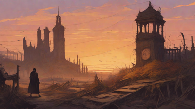 Barren wasteland, skeletal ruins, overgrown gardens, lone figure, flickering lanterns, and a broken clock tower in the distance, set against a perpetual golden sunset.
