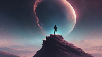 In the depths of a swirling void, a lone figure stands at the precipice, illuminated only by the faint glow of a dying star, as they embark on a perilous journey through the abyss towards an unknown destination.