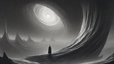 In a swirling void, a lone figure stands on the abyssal precipice, illuminated by the dying star, as they embark on a perilous journey through eternal darkness towards an unknown and mysterious destination.