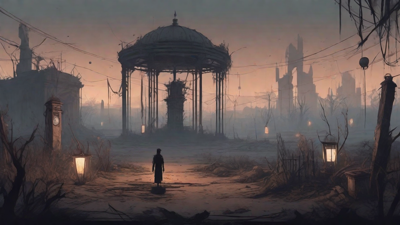 A barren, post-apocalyptic landscape with skeletal ruins, overgrown gardens, and a lone figure standing amidst the desolation, surrounded by flickering lanterns and a distant hint of a broken clock tower.