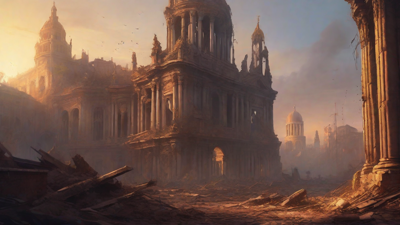A hauntingly beautiful, ruined cityscape, with crumbling spires and grand architecture, set against a backdrop of a perpetual, golden sunset, with a lone figure dancing amidst the ruins.