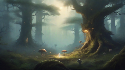 A bleak, mystical forest, where ancient trees loom over a clearing, surrounded by a ring of mushrooms, and a faint glow emanates from a lone, glowing artifact, pulsing with an otherworldly energy.