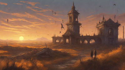 Barren wasteland, skeletal ruins, overgrown gardens, lone figure, flickering lanterns, and a broken clock tower in the distance, set against a perpetual golden sunset.