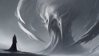 As the void's abyssal silence envelops them, a figure stands at the edge, their footsteps echoing through the void, guided by an unseen power that pushes them towards an otherworldly realm, where eternal rebirth awaits.