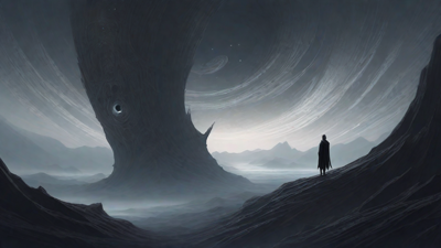 In a swirling void, a lone figure stands on the abyssal precipice, illuminated by the dying star, as they embark on a perilous journey through eternal darkness towards an unknown and mysterious destination.