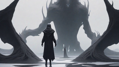 As the void's abyssal silence envelops them, a figure stands at the edge, their footsteps echoing through the void, guided by an unseen power that pushes them towards an otherworldly realm, where eternal rebirth awaits.