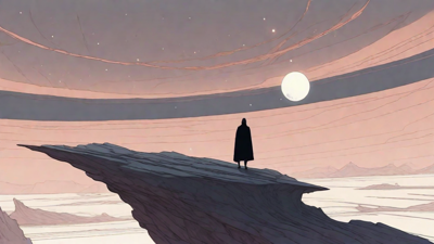 In the depths of a swirling void, a lone figure stands at the precipice, illuminated only by the faint glow of a dying star, as they embark on a perilous journey through the abyss towards an unknown destination.