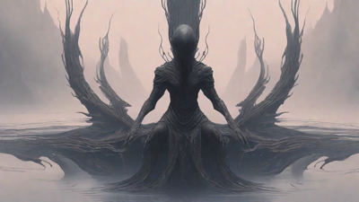 As the void's abyssal silence envelops them, a figure stands at the edge, their footsteps echoing through the void, guided by an unseen power that pushes them towards an otherworldly realm, where eternal rebirth awaits.