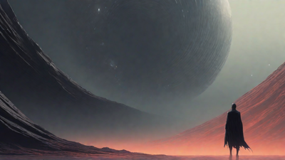In a swirling void, a lone figure stands on the abyssal precipice, illuminated by the dying star, as they embark on a perilous journey through eternal darkness towards an unknown and mysterious destination.
