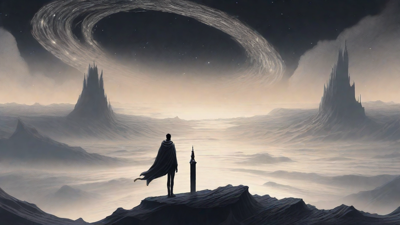 In a swirling void, a lone figure stands on the abyssal precipice, illuminated by the dying star, as they embark on a perilous journey through eternal darkness towards an unknown and mysterious destination.