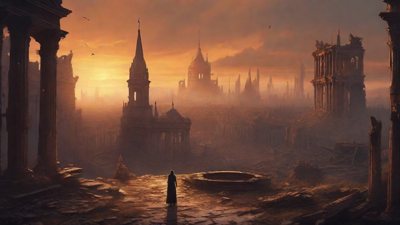 A hauntingly beautiful, ruined cityscape, with crumbling spires and grand architecture, set against a backdrop of a perpetual, golden sunset, with a lone figure dancing amidst the ruins.