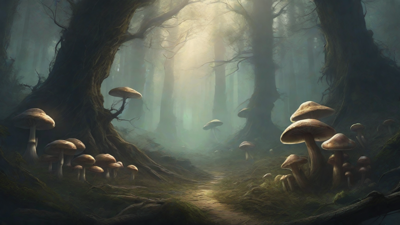 A bleak, mystical forest, where ancient trees loom over a clearing, surrounded by a ring of mushrooms, and a faint glow emanates from a lone, glowing artifact, pulsing with an otherworldly energy.
