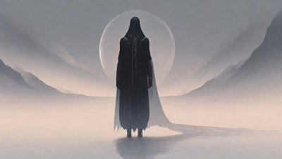 As the void's abyssal silence envelops them, a figure stands at the edge, their footsteps echoing through the void, guided by an unseen power that pushes them towards an otherworldly realm, where eternal rebirth awaits.