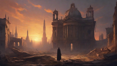A hauntingly beautiful, ruined cityscape, with crumbling spires and grand architecture, set against a backdrop of a perpetual, golden sunset, with a lone figure dancing amidst the ruins.